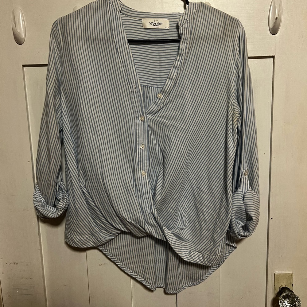 Carly Jean Los Angeles Light Blue & White Striped Tie-Front Blouse